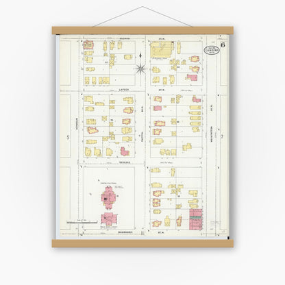 Old map wall art mockup — magnetic wood frame on white wall — Sanborn Fire Insurance Map from Lansing, Ingham County, Michigan (1906), Sheet #0006