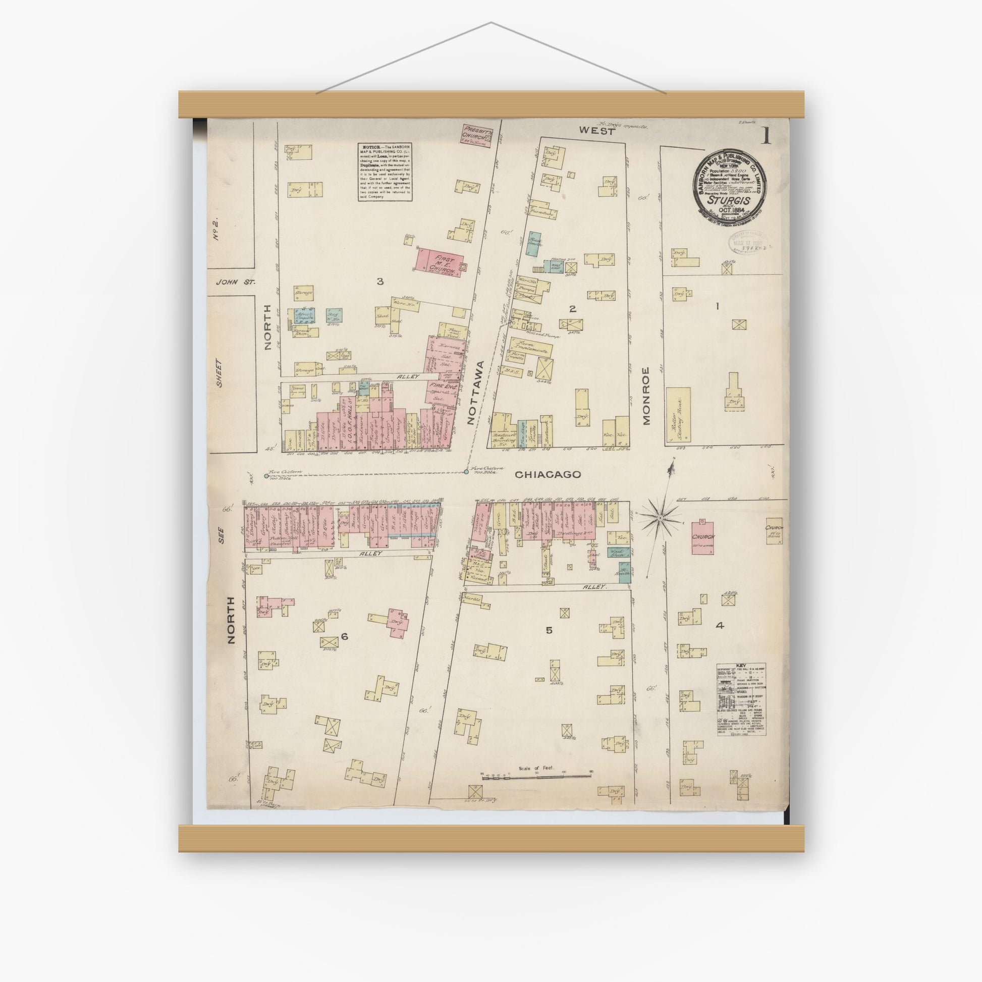 Old map wall art mockup — magnetic wood frame on white wall — Sanborn Fire Insurance Map from Sturgis, Saint Joseph County, Michigan (1884), Sheet #0001