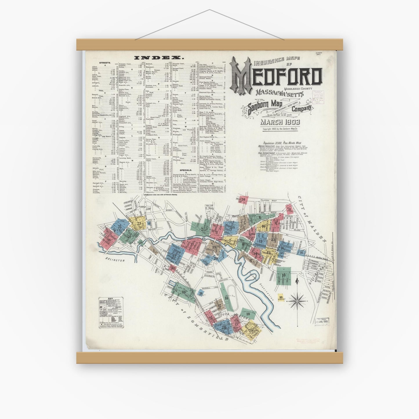 Old map wall art mockup — magnetic wood frame on white wall — Sanborn Fire Insurance Map from Medford, Middlesex County, Massachusetts (1903) - Complete Map Set