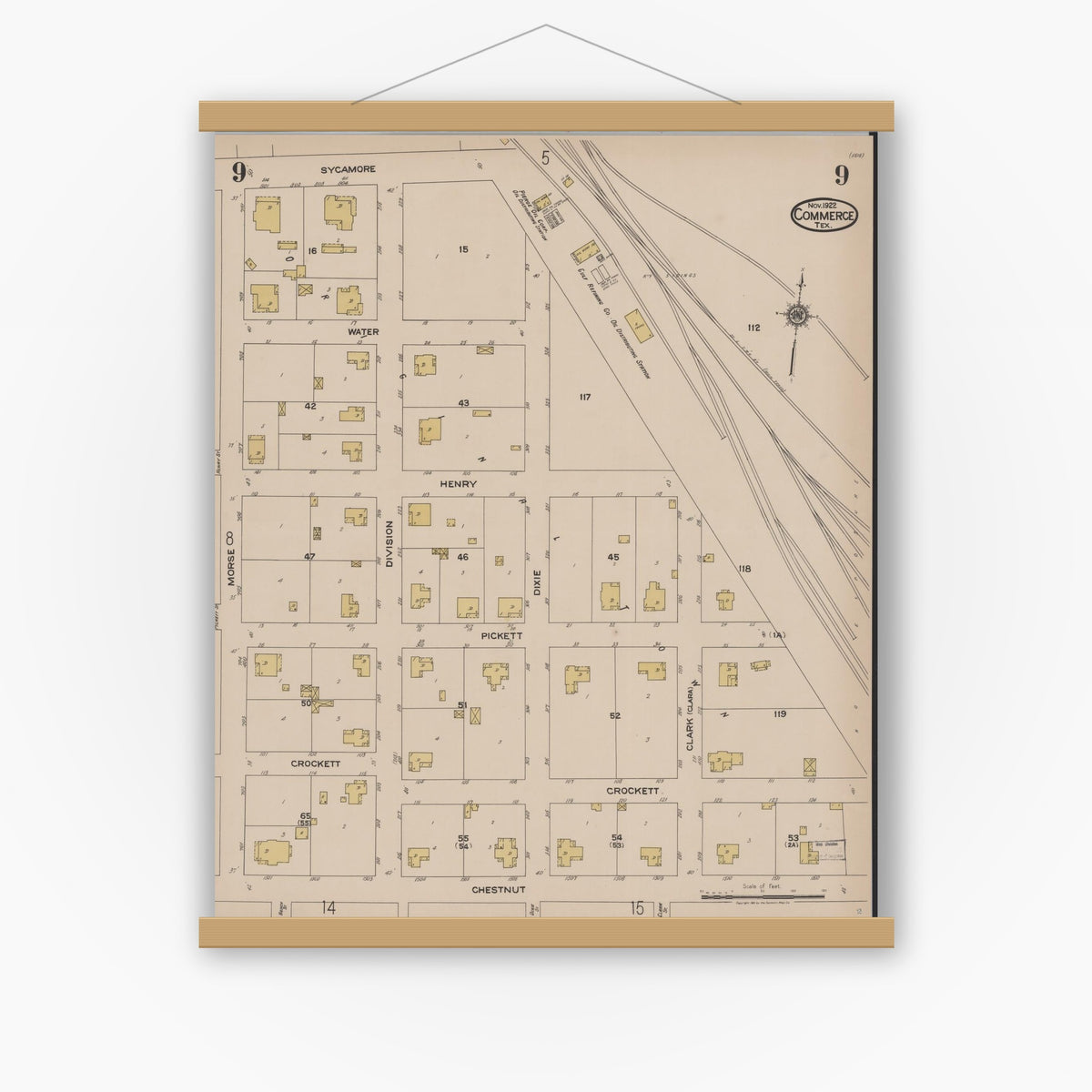 Old map wall art mockup — magnetic wood frame on white wall — Sanborn Fire Insurance Map from Commerce, Hunt County, Texas (1922), Sheet #0009