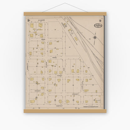 Old map wall art mockup — magnetic wood frame on white wall — Sanborn Fire Insurance Map from Commerce, Hunt County, Texas (1922), Sheet #0009