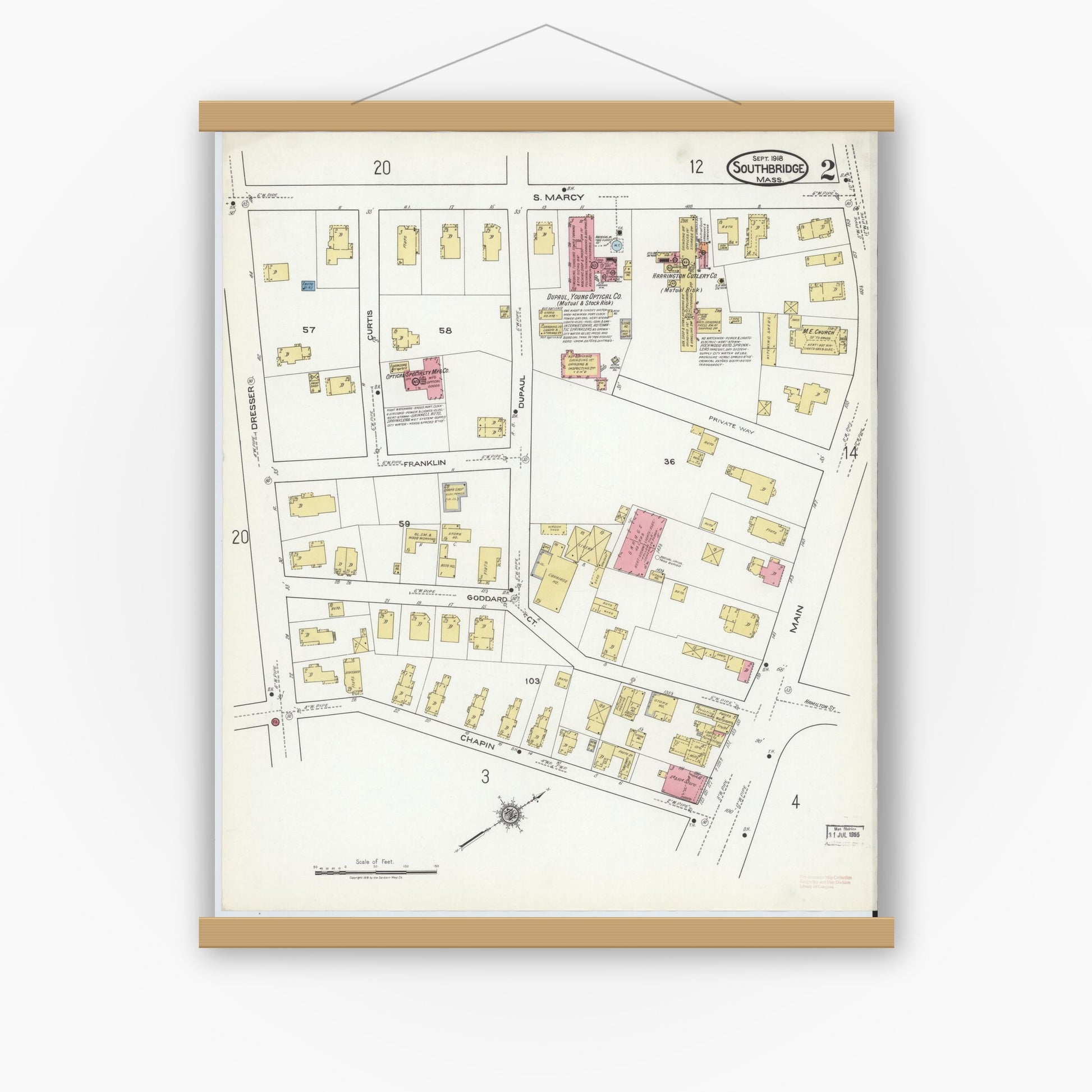 Old map wall art mockup — magnetic wood frame on white wall — Sanborn Fire Insurance Map from Southbridge, Worcester County, Massachusetts (1918), Sheet #0002