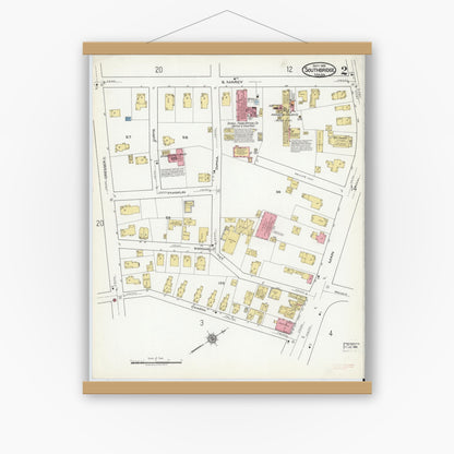 Old map wall art mockup — magnetic wood frame on white wall — Sanborn Fire Insurance Map from Southbridge, Worcester County, Massachusetts (1918), Sheet #0002