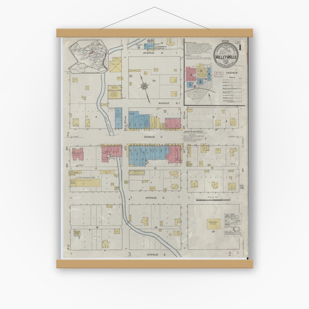 Old map wall art mockup — magnetic wood frame on white wall — Sanborn Fire Insurance Map from Valley Mills, Bosque County, Texas (1915) - Complete Map Set