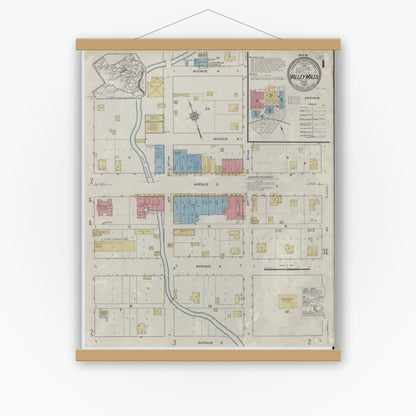 Old map wall art mockup — magnetic wood frame on white wall — Sanborn Fire Insurance Map from Valley Mills, Bosque County, Texas (1915) - Complete Map Set