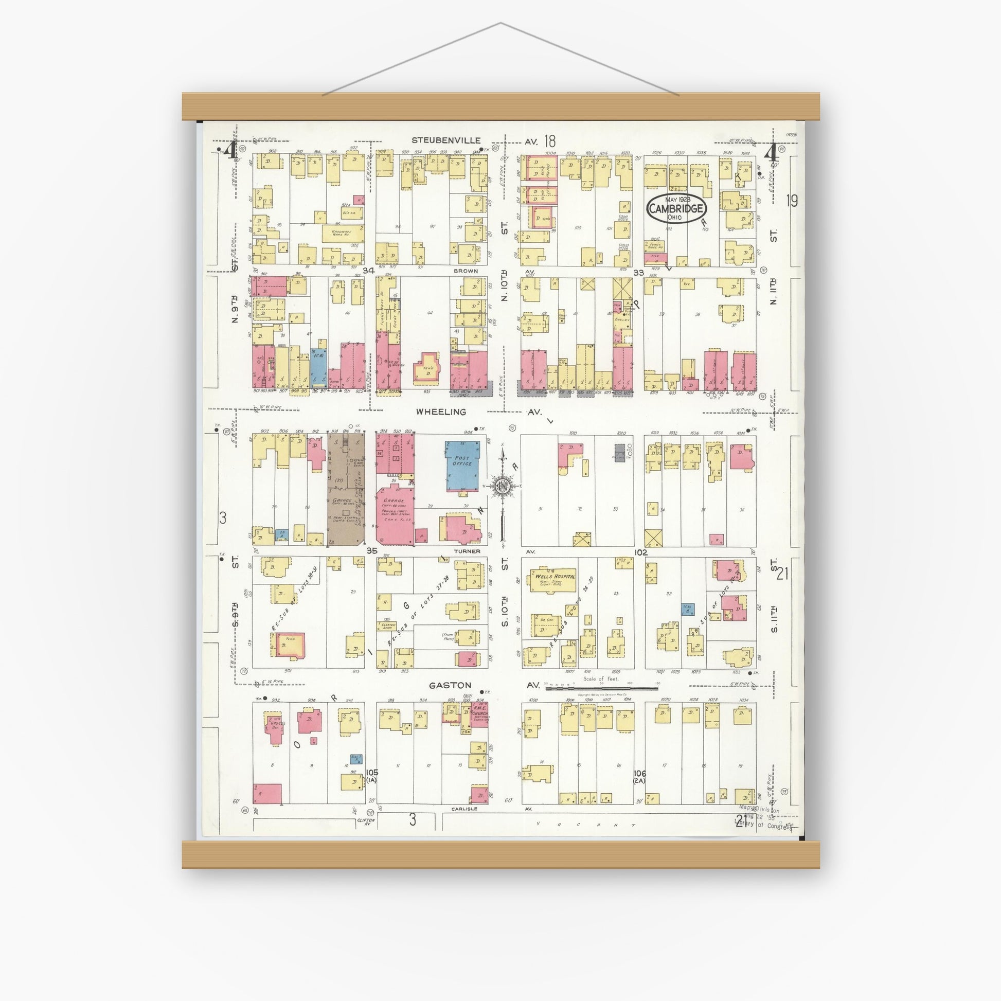 Old map wall art mockup — magnetic wood frame on white wall — Sanborn Fire Insurance Map from Cambridge, Guernsey County, Ohio (1923), Sheet #0004