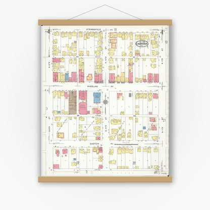 Old map wall art mockup — magnetic wood frame on white wall — Sanborn Fire Insurance Map from Cambridge, Guernsey County, Ohio (1923), Sheet #0004