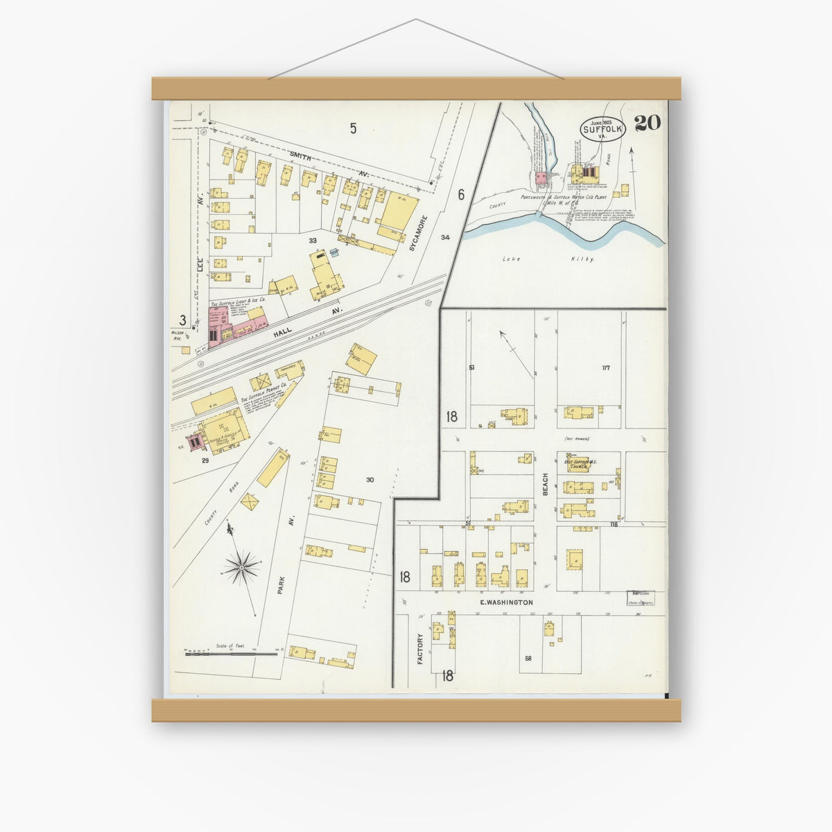 Old map wall art mockup — magnetic wood frame on white wall — Sanborn Fire Insurance Map from Suffolk, Independent Cities, Virginia (1903), Sheet #0020
