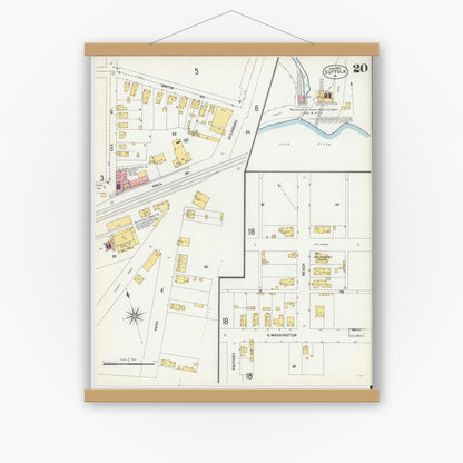 Old map wall art mockup — magnetic wood frame on white wall — Sanborn Fire Insurance Map from Suffolk, Independent Cities, Virginia (1903), Sheet #0020