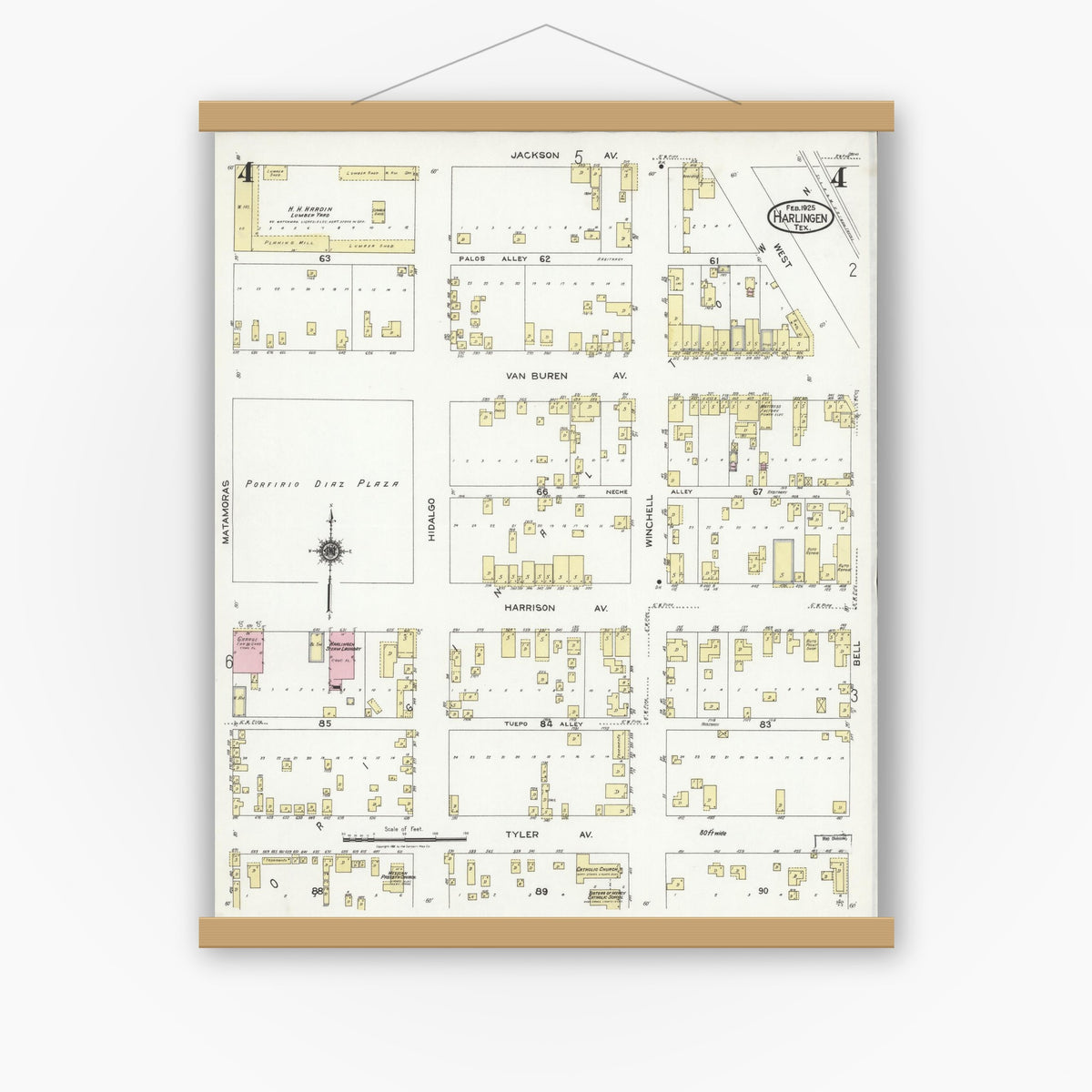 Old map wall art mockup — magnetic wood frame on white wall — Sanborn Fire Insurance Map from Harlingen, Cameron County, Texas (1925), Sheet #0004