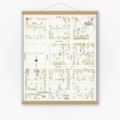 Old map wall art mockup — magnetic wood frame on white wall — Sanborn Fire Insurance Map from Harlingen, Cameron County, Texas (1925), Sheet #0004