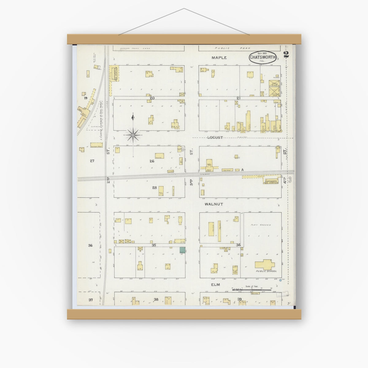 Old map wall art mockup — magnetic wood frame on white wall — Sanborn Fire Insurance Map from Chatsworth, Livingston County, Illinois (1893), Sheet #0002