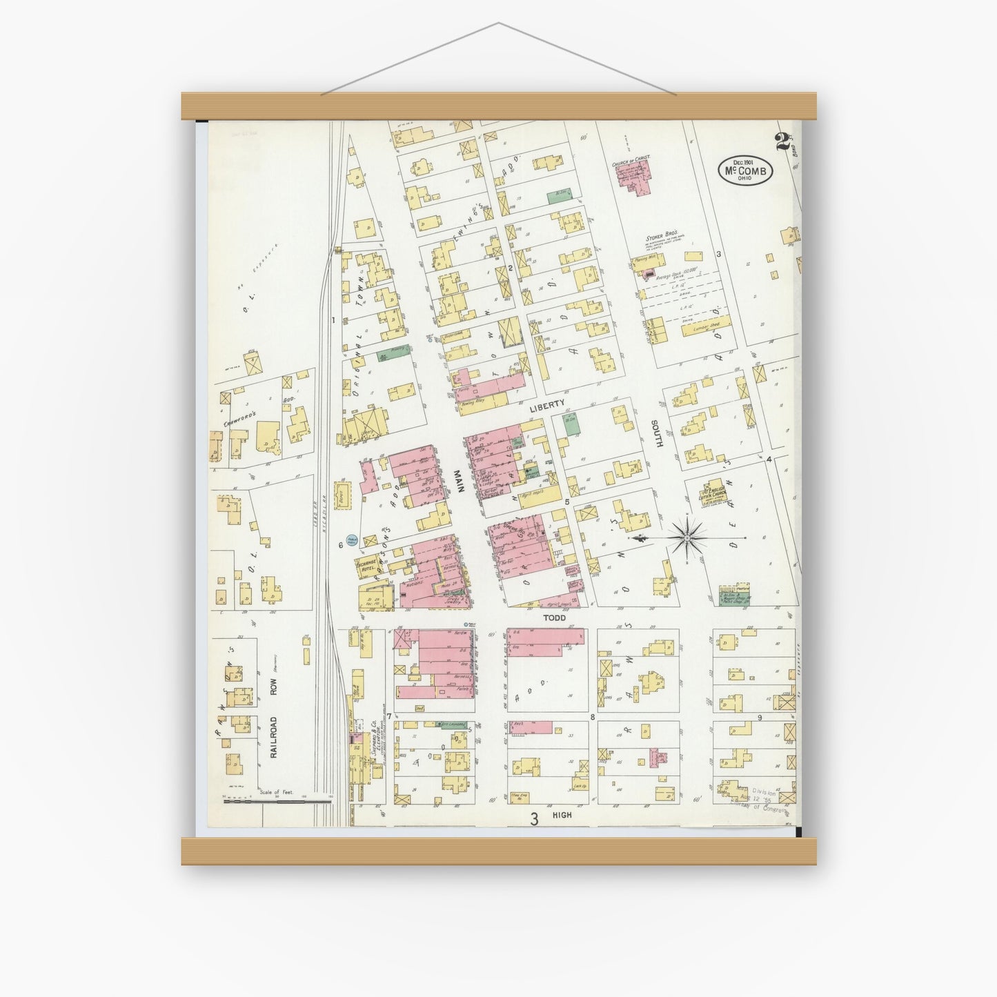 Old map wall art mockup — magnetic wood frame on white wall — Sanborn Fire Insurance Map from McComb, Hancock County, Ohio (1901), Sheet #0002