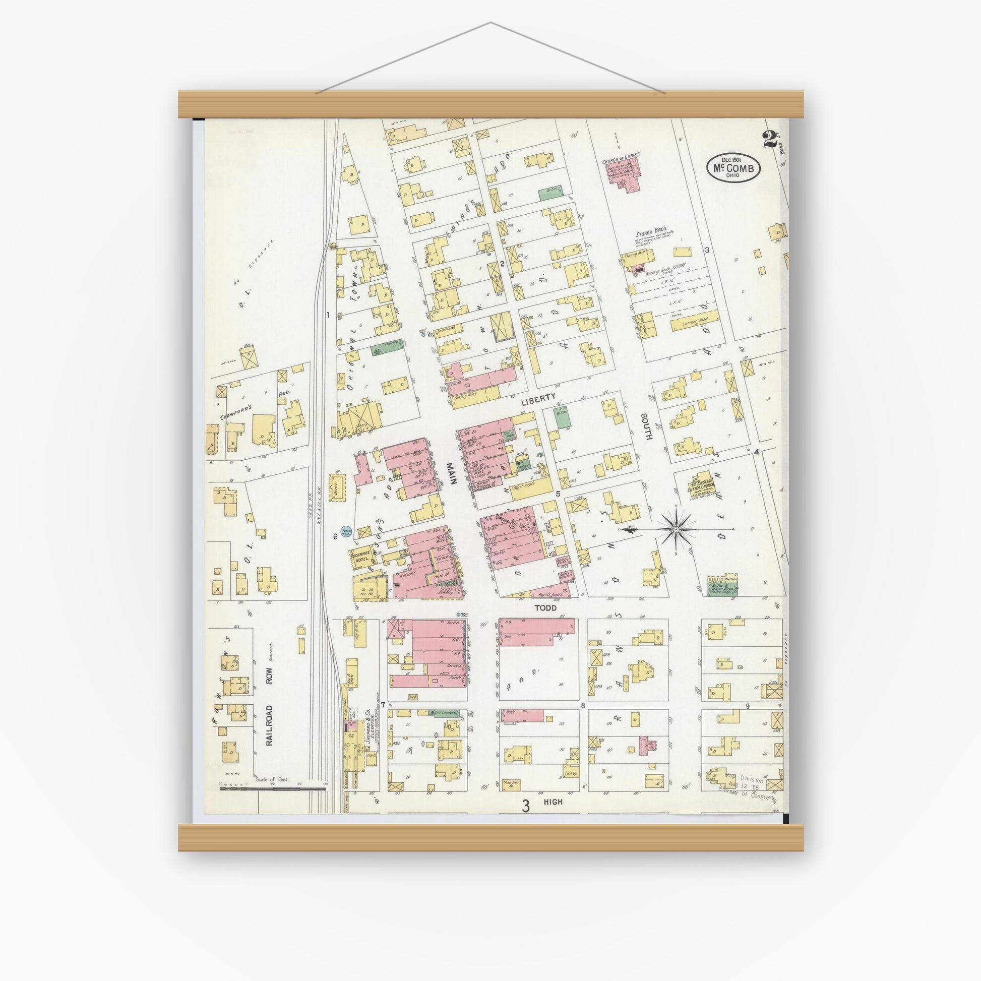 Old map wall art mockup — magnetic wood frame on white wall — Sanborn Fire Insurance Map from McComb, Hancock County, Ohio (1901), Sheet #0002