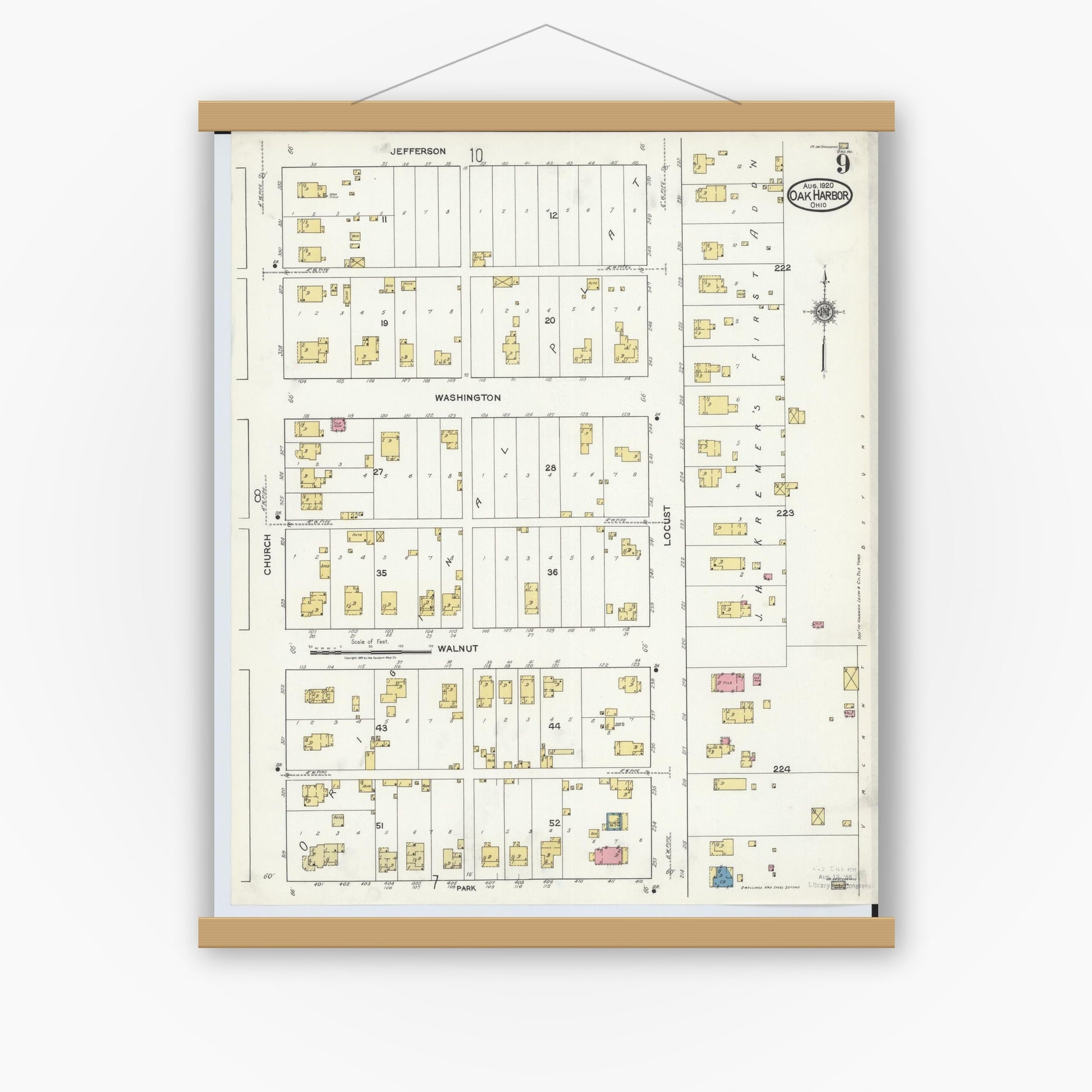 Old map wall art mockup — magnetic wood frame on white wall — Sanborn Fire Insurance Map from Oak Harbor, Ottawa County, Ohio (1920), Sheet #0009