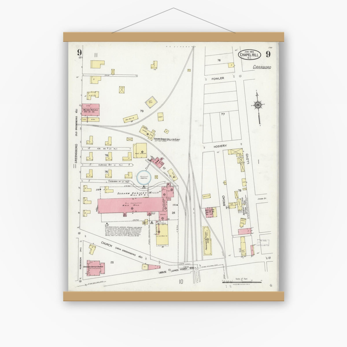 Old map wall art mockup — magnetic wood frame on white wall — Sanborn Fire Insurance Map from Chapel Hill, Orange County, North Carolina (1925), Sheet #0009