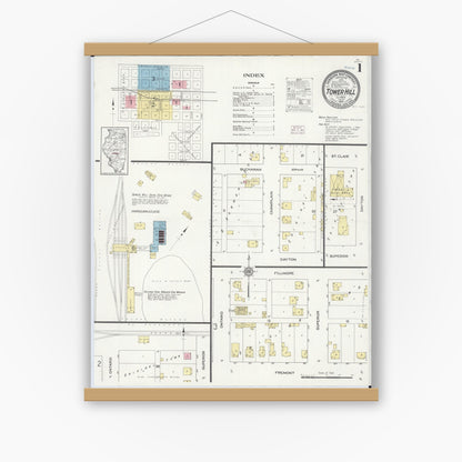 Old map wall art mockup — magnetic wood frame on white wall — Sanborn Fire Insurance Map from Tower Hill, Shelby County, Illinois (1914) - Complete Map Set