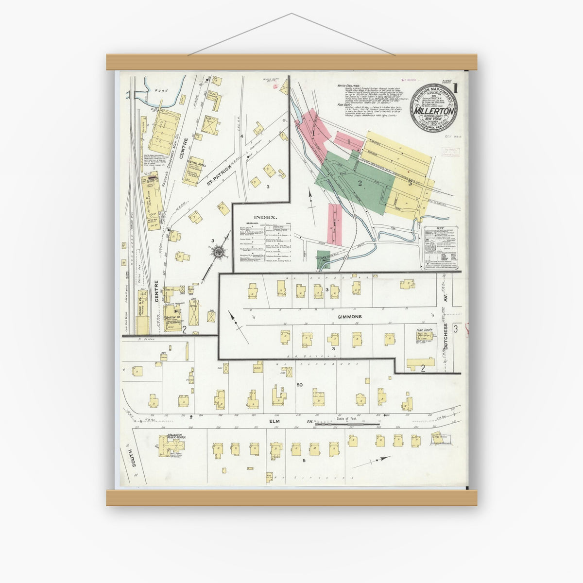 Old map wall art mockup — magnetic wood frame on white wall — Sanborn Fire Insurance Map from Millerton, Dutchess County, New York (1910), Sheet #0001