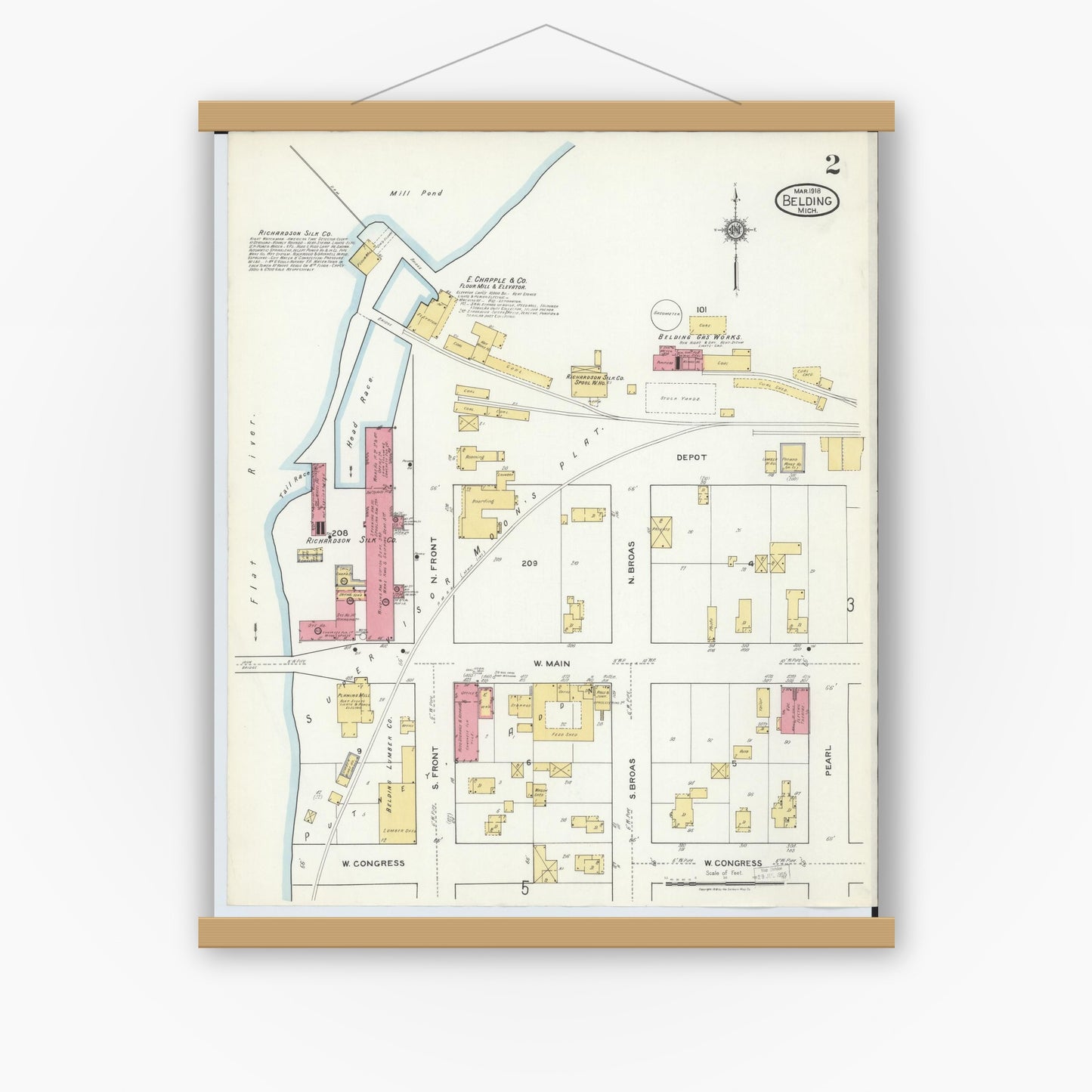 Old map wall art mockup — magnetic wood frame on white wall — Sanborn Fire Insurance Map from Belding, Ionia County, Michigan (1918), Sheet #0002