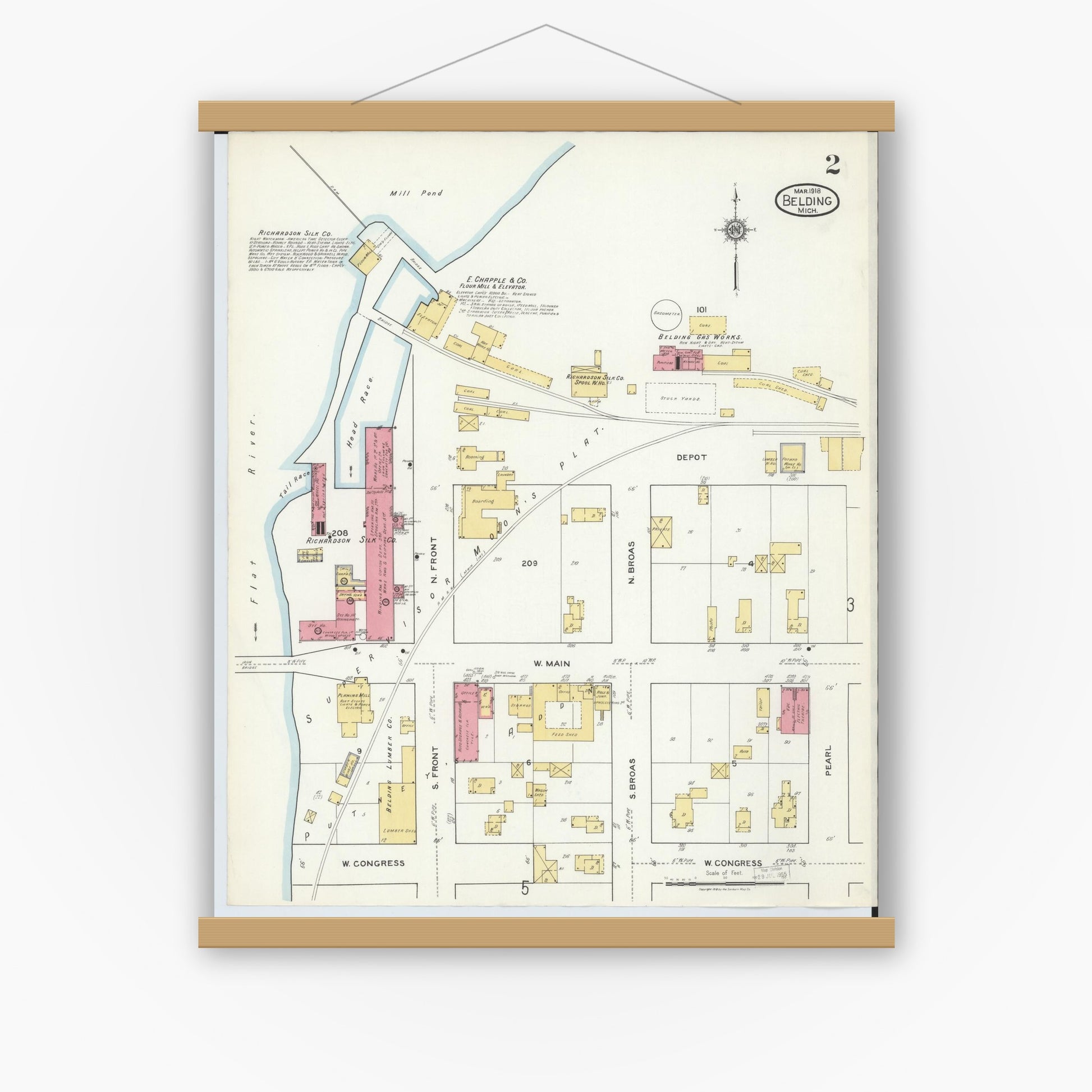 Old map wall art mockup — magnetic wood frame on white wall — Sanborn Fire Insurance Map from Belding, Ionia County, Michigan (1918), Sheet #0002