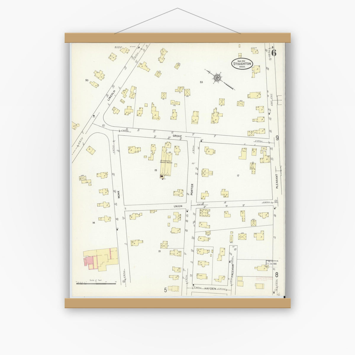 Old map wall art mockup — magnetic wood frame on white wall — Sanborn Fire Insurance Map from Stoughton, Norfolk County, Massachusetts (1912), Sheet #0006