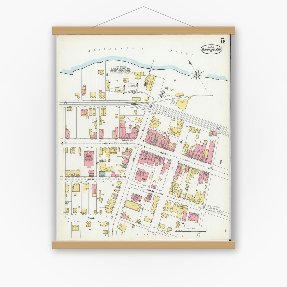 Old map wall art mockup — magnetic wood frame on white wall — Sanborn Fire Insurance Map from Monongahela City, Washington County, Pennsylvania (1900), Sheet #0005