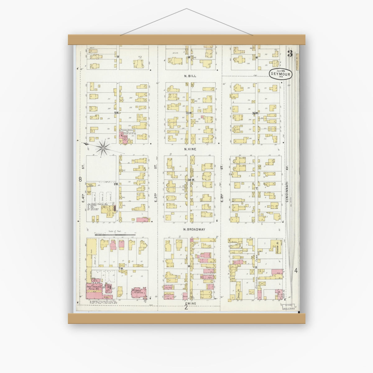 Old map wall art mockup — magnetic wood frame on white wall — Sanborn Fire Insurance Map from Seymour, Jackson County, Indiana (1896), Sheet #0003