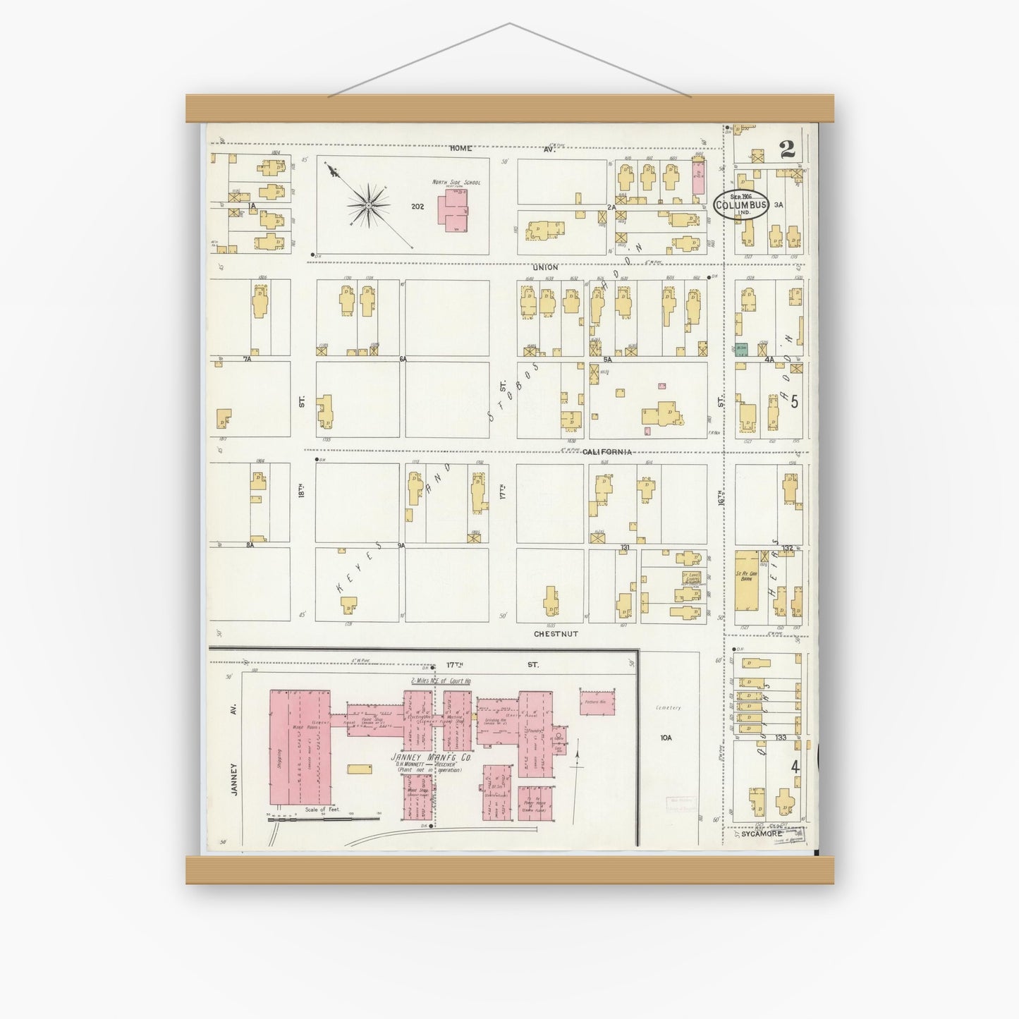 Old map wall art mockup — magnetic wood frame on white wall — Sanborn Fire Insurance Map from Columbus, Bartholomew County, Indiana (1906), Sheet #0002