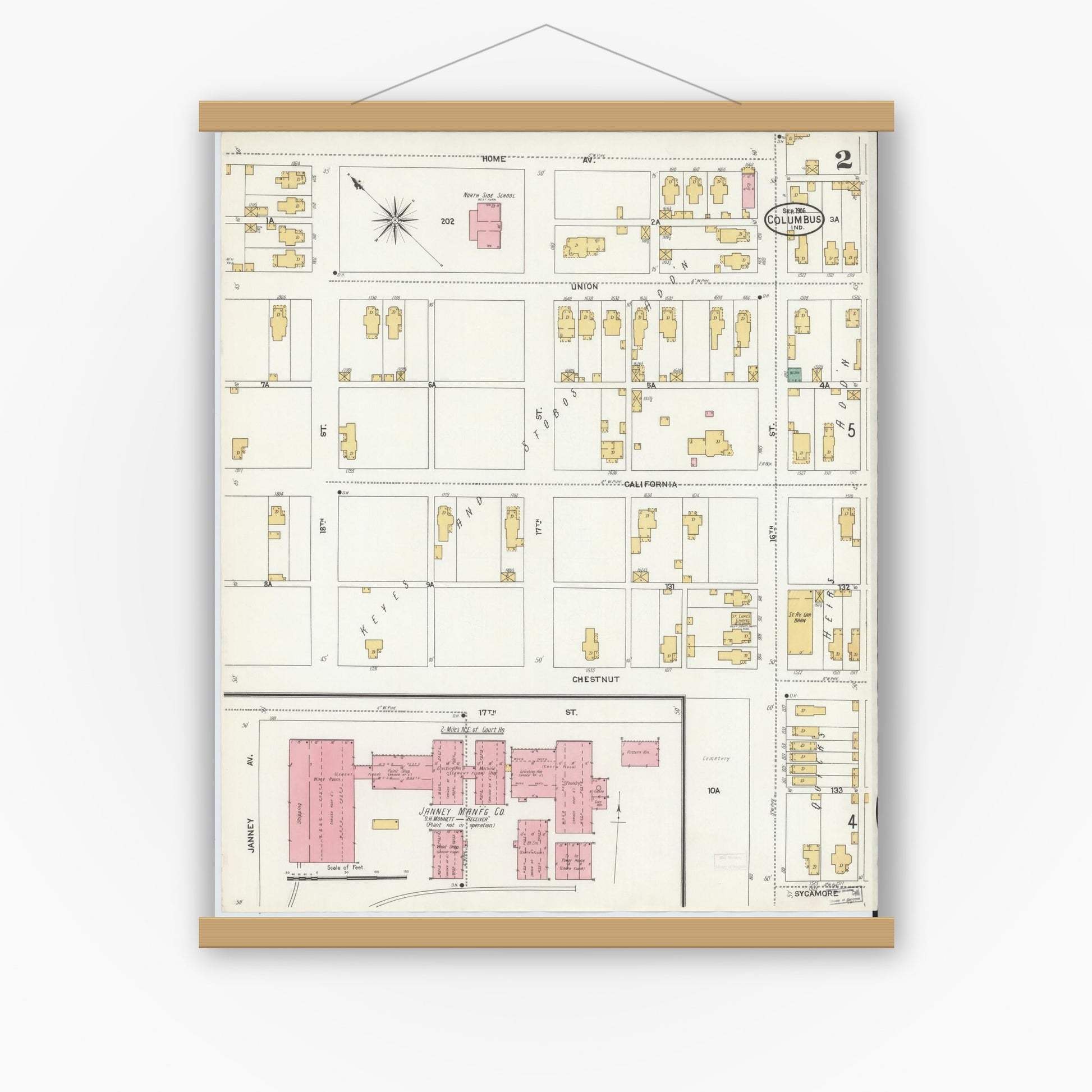 Old map wall art mockup — magnetic wood frame on white wall — Sanborn Fire Insurance Map from Columbus, Bartholomew County, Indiana (1906), Sheet #0002
