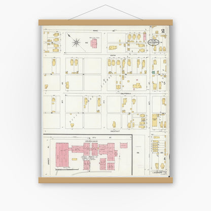 Old map wall art mockup — magnetic wood frame on white wall — Sanborn Fire Insurance Map from Columbus, Bartholomew County, Indiana (1906), Sheet #0002