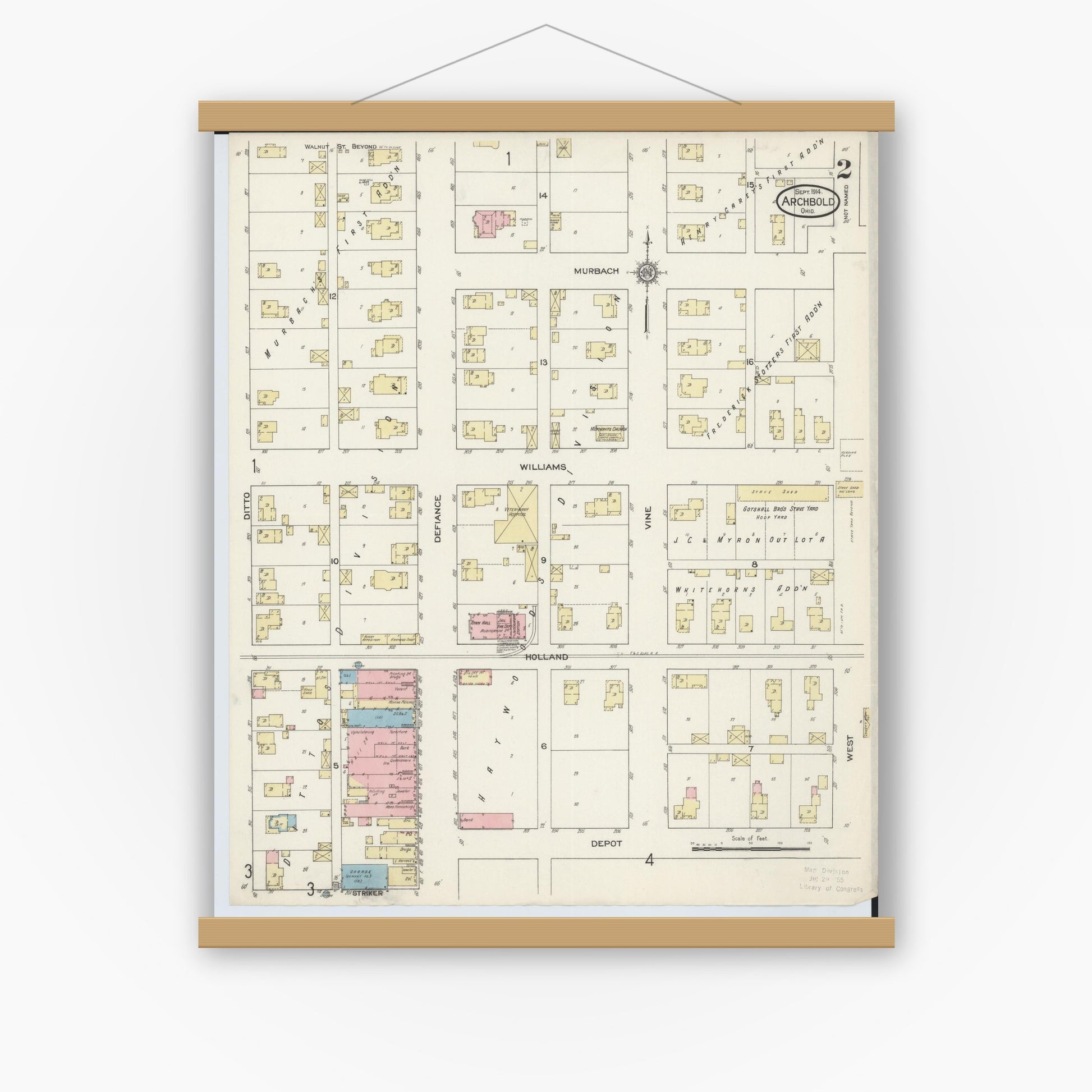 Old map wall art mockup — magnetic wood frame on white wall — Sanborn Fire Insurance Map from Archbold, Fulton County, Ohio (1914), Sheet #0002