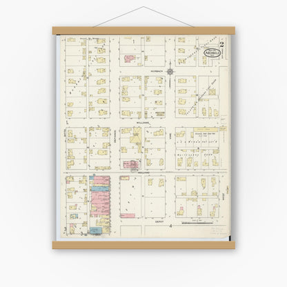 Old map wall art mockup — magnetic wood frame on white wall — Sanborn Fire Insurance Map from Archbold, Fulton County, Ohio (1914), Sheet #0002