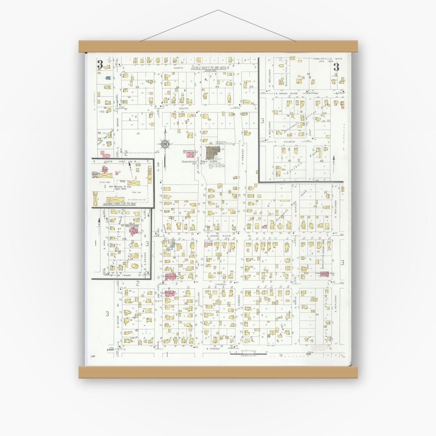 Old map wall art mockup — magnetic wood frame on white wall — Sanborn Fire Insurance Map from Fowlerville, Livingston County, Michigan (1935), Sheet #0003