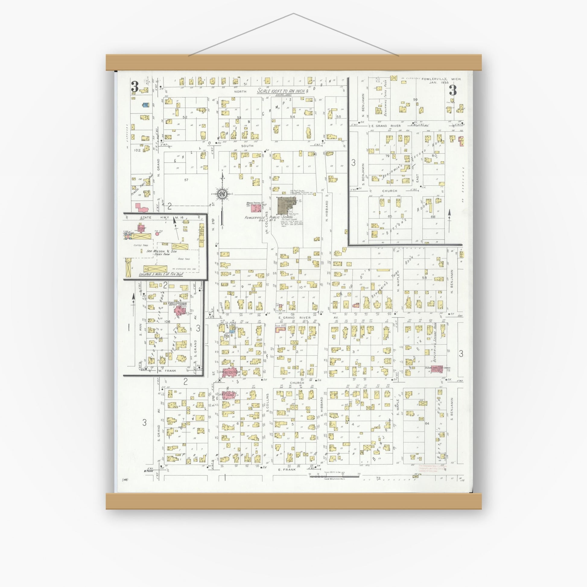 Old map wall art mockup — magnetic wood frame on white wall — Sanborn Fire Insurance Map from Fowlerville, Livingston County, Michigan (1935), Sheet #0003
