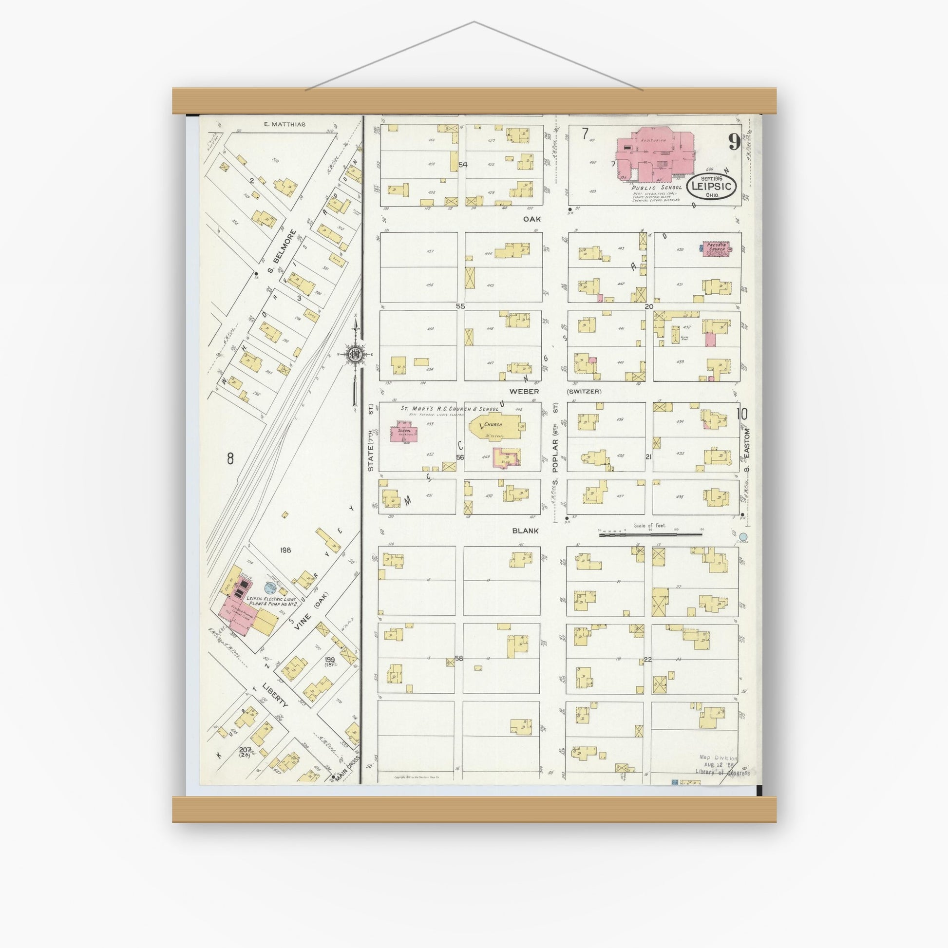 Old map wall art mockup — magnetic wood frame on white wall — Sanborn Fire Insurance Map from Leipsic, Putnam County, Ohio (1916), Sheet #0009