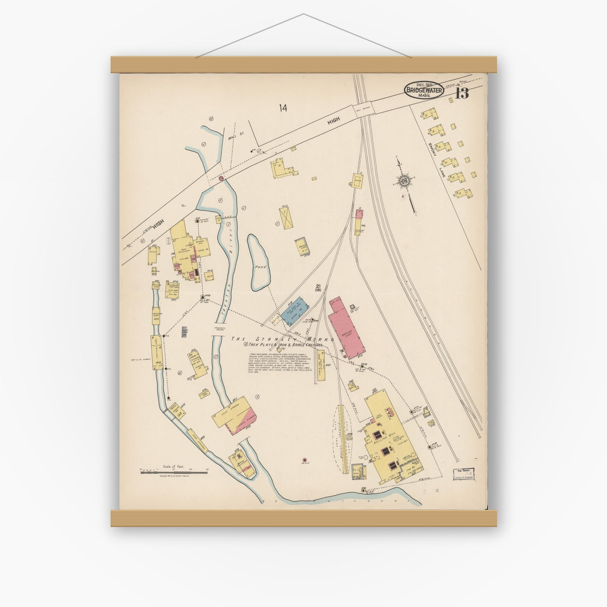 Old map wall art mockup — magnetic wood frame on white wall — Sanborn Fire Insurance Map from Bridgewater, Plymouth County, Massachusetts (1921), Sheet #0013