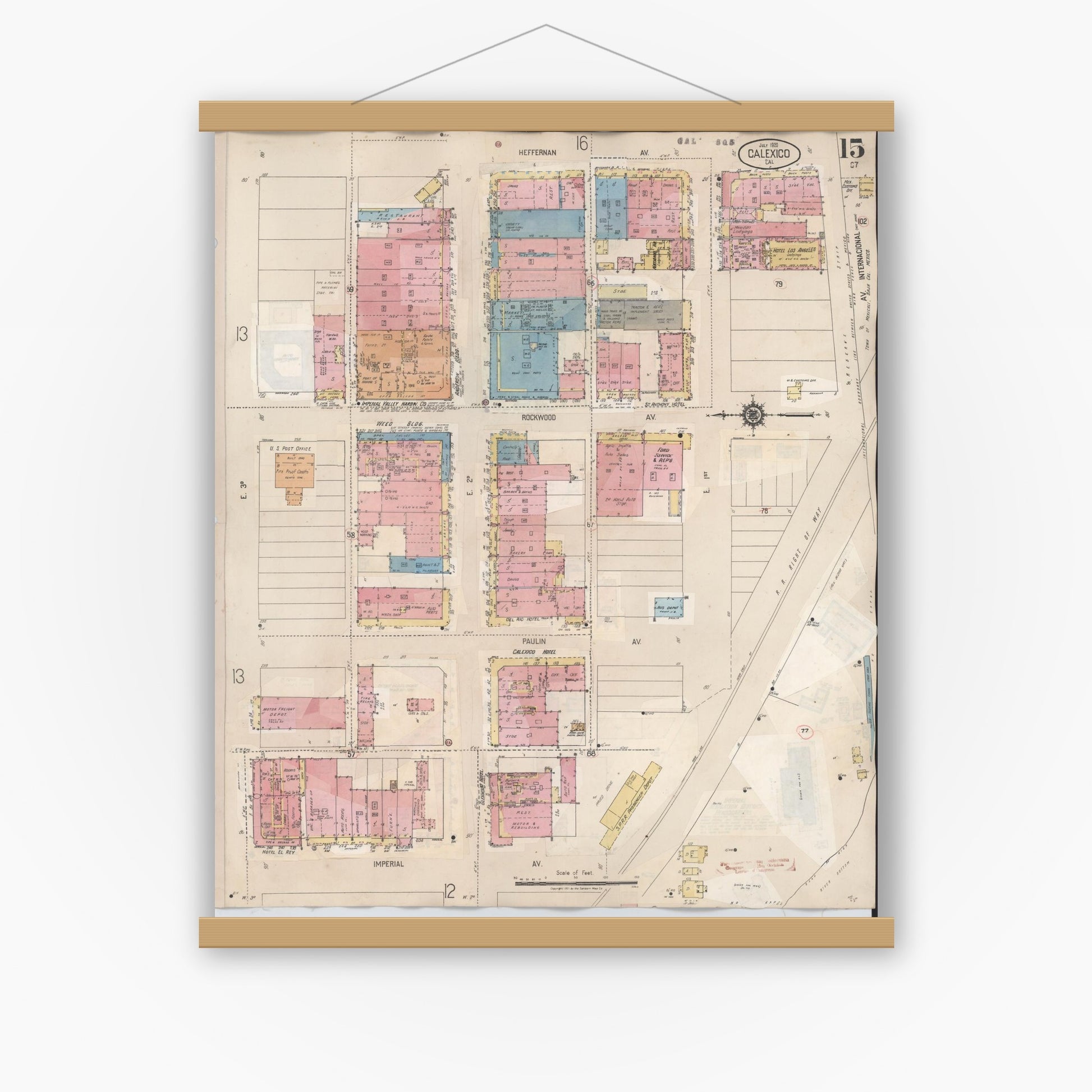 Old map wall art mockup — magnetic wood frame on white wall — Sanborn Fire Insurance Map from Calexico, Imperial County, California (1949), Sheet #0015