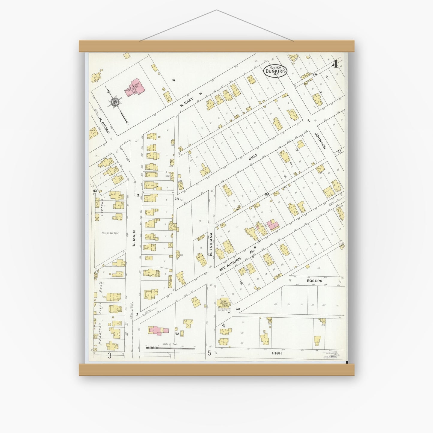 Old map wall art mockup — magnetic wood frame on white wall — Sanborn Fire Insurance Map from Dunkirk, Jay And Blackford Counties, Indiana (1909), Sheet #0004