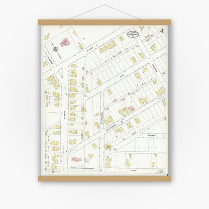 Old map wall art mockup — magnetic wood frame on white wall — Sanborn Fire Insurance Map from Dunkirk, Jay And Blackford Counties, Indiana (1909), Sheet #0004