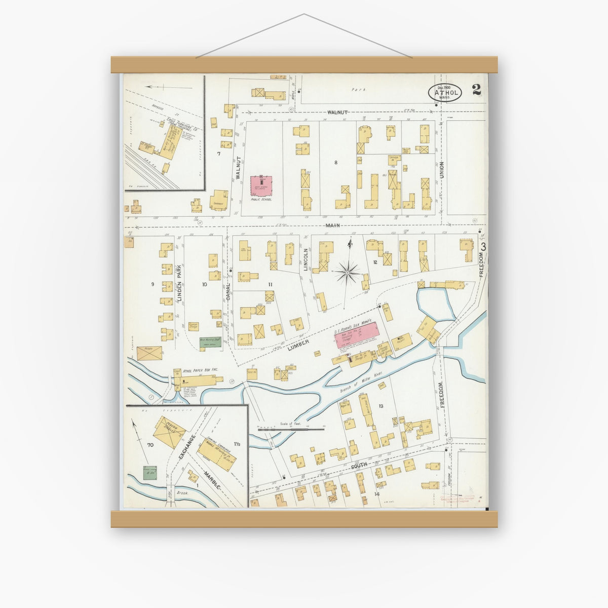 Old map wall art mockup — magnetic wood frame on white wall — Sanborn Fire Insurance Map from Athol, Worcester County, Massachusetts (1900), Sheet #0002
