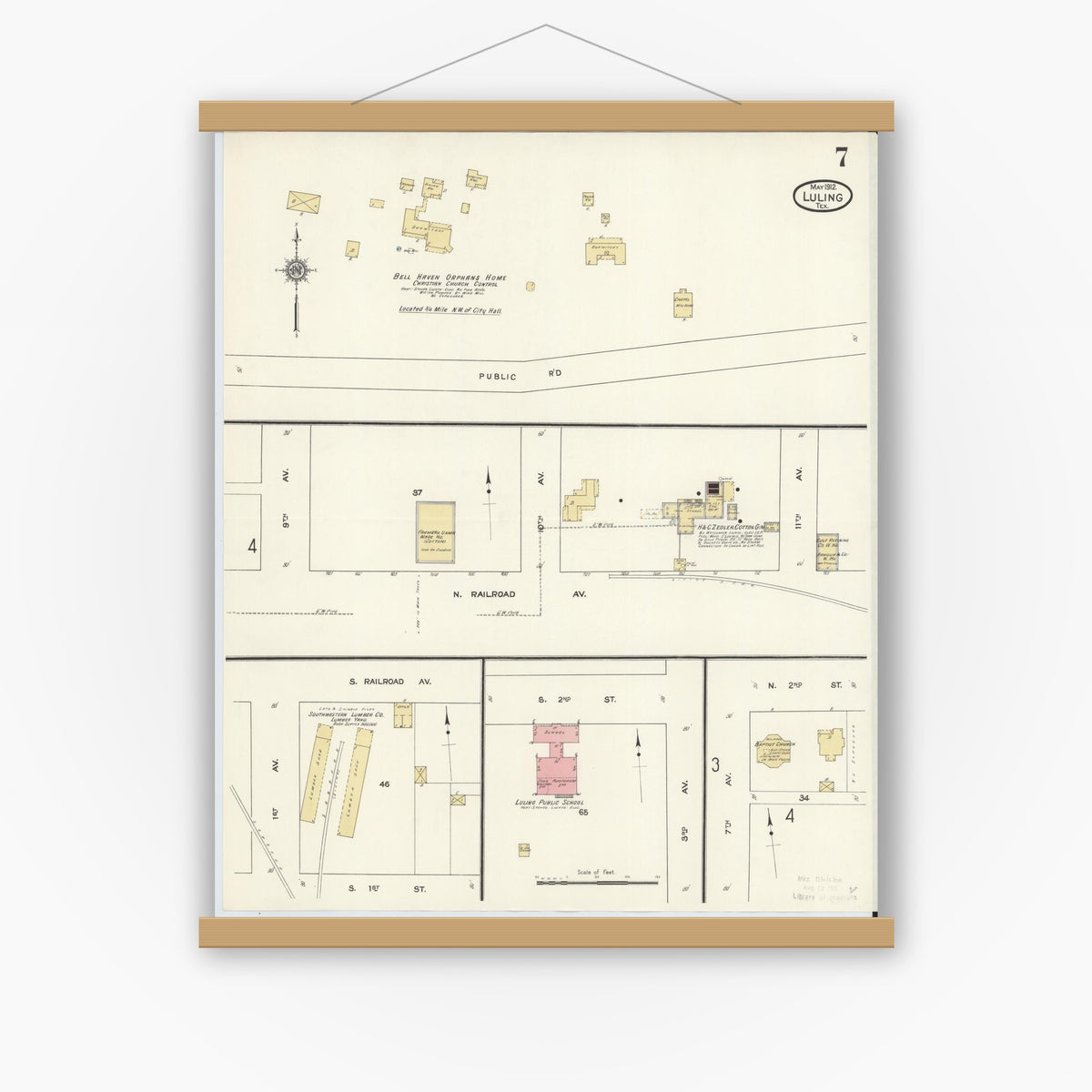 Old map wall art mockup — magnetic wood frame on white wall — Sanborn Fire Insurance Map from Luling, Caldwell County, Texas (1912), Sheet #0007