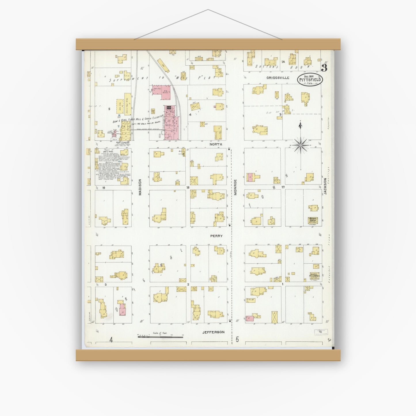 Old map wall art mockup — magnetic wood frame on white wall — Sanborn Fire Insurance Map from Pittsfield, Pike County, Illinois (1905), Sheet #0003