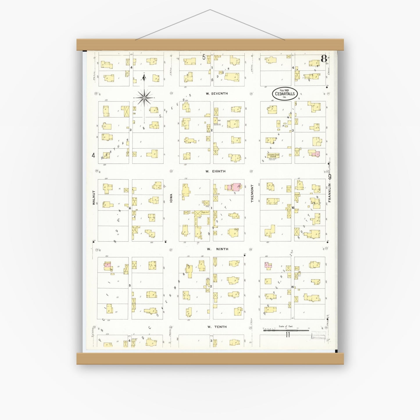Old map wall art mockup — magnetic wood frame on white wall — Sanborn Fire Insurance Map from Cedar Falls, Black Hawk County, Iowa (1909), Sheet #0008