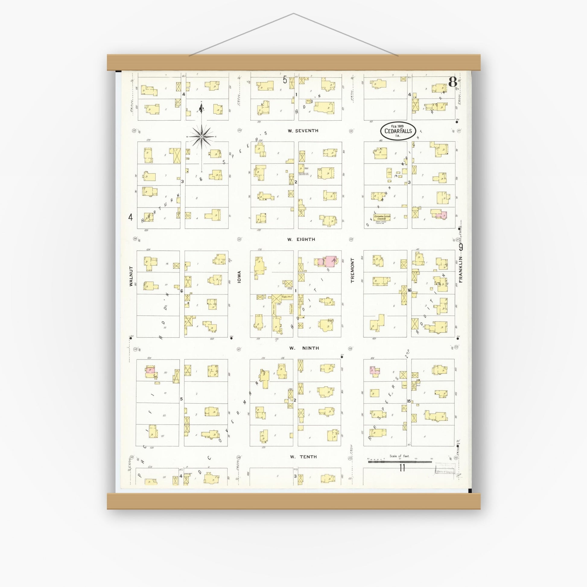 Old map wall art mockup — magnetic wood frame on white wall — Sanborn Fire Insurance Map from Cedar Falls, Black Hawk County, Iowa (1909), Sheet #0008