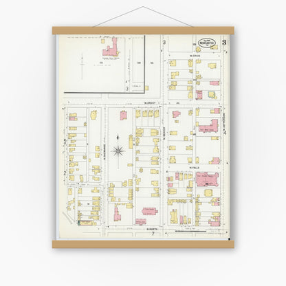 Old map wall art mockup — magnetic wood frame on white wall — Sanborn Fire Insurance Map from New Castle, Lawrence County, Pennsylvania (1899), Sheet #0003