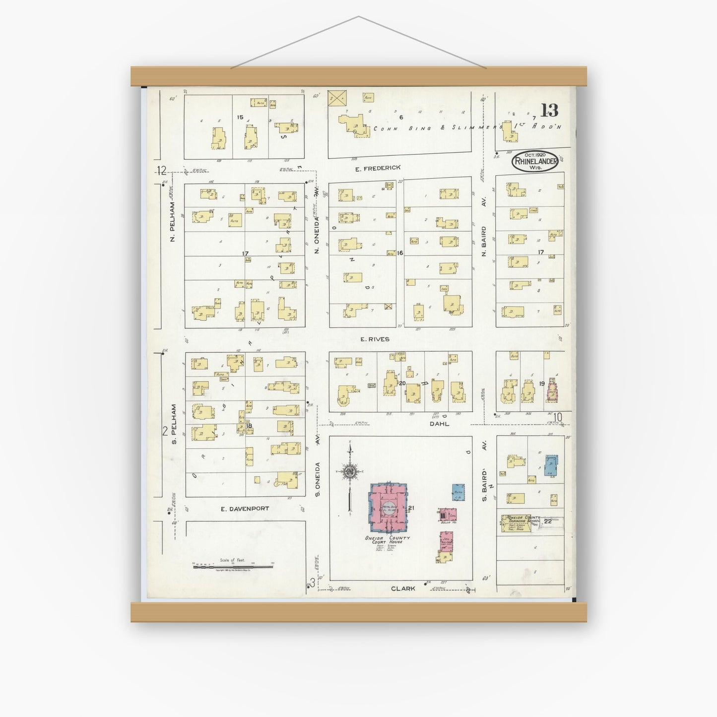 Old map wall art mockup — magnetic wood frame on white wall — Sanborn Fire Insurance Map from Rhinelander, Oneida County, Wisconsin (1920), Sheet #0013