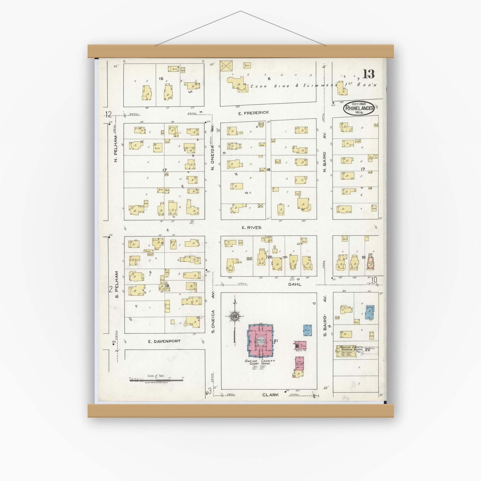 Old map wall art mockup — magnetic wood frame on white wall — Sanborn Fire Insurance Map from Rhinelander, Oneida County, Wisconsin (1920), Sheet #0013