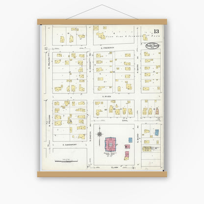 Old map wall art mockup — magnetic wood frame on white wall — Sanborn Fire Insurance Map from Rhinelander, Oneida County, Wisconsin (1920), Sheet #0013
