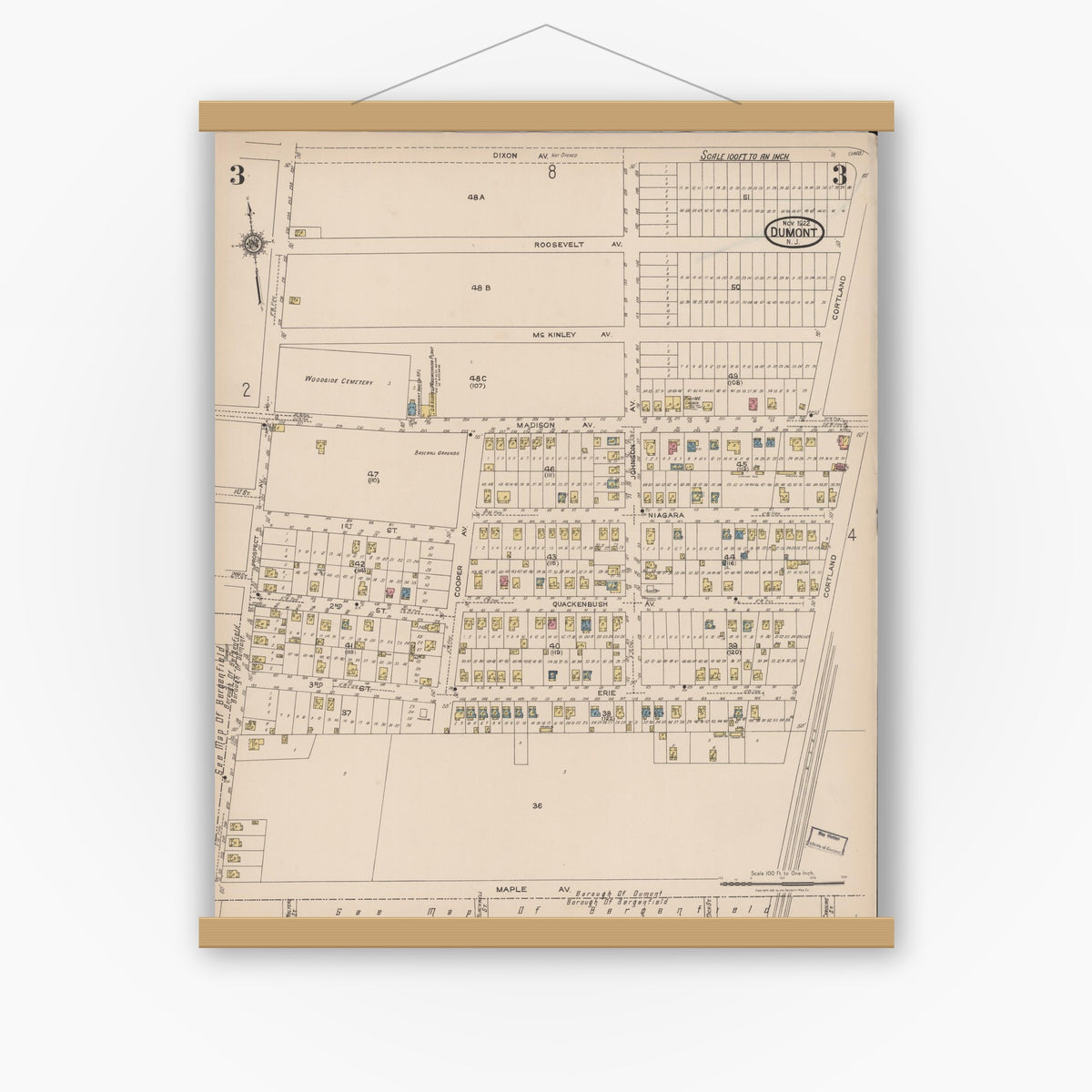 Old map wall art mockup — magnetic wood frame on white wall — Sanborn Fire Insurance Map from Dumont, Bergen County, New Jersey (1922), Sheet #0003