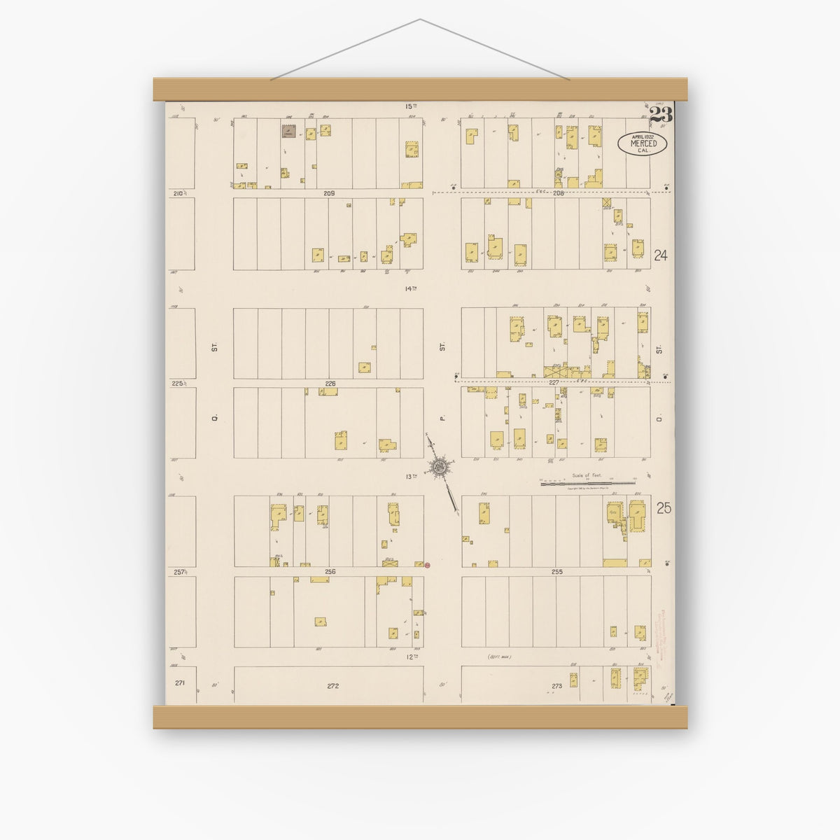 Old map wall art mockup — magnetic wood frame on white wall — Sanborn Fire Insurance Map from Merced, Merced County, California (1922), Sheet #0023